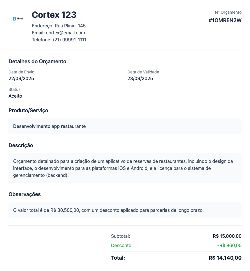 Criação de orçamentos na plataforma Fintri